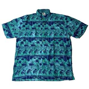 RUM REGGAE Men Large Blue Green Cotton MARLIN Fishing Boat AOP Hawaiian Shirt